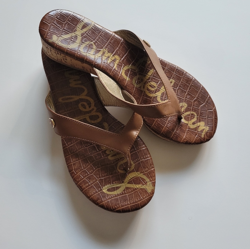 SAM EDELMAN TAN/BROWN LEATHER CORK WEDGE PLATFORM THONG SANDAL